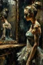 Placeholder: a beautiful ballerina, in a studio, Infront of a mirror, side profile with eyes looking slightly Down, her reflection in the mirror is not looking down like they should, but looking straight at her, scary, dark undertone, 12k, detailed painting, thick impasto and textures with rough brush strokes, chaos background with cracked paint, peeling off