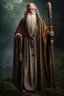 Placeholder: Elderly druid king with a grey beard dressed in long flowing robes carrying a long wooden staff Photo realistic