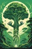 Placeholder: Huge hands holding saplings, The giant is planting a big green tree, first contact concept art, silkscreened mind-bending illustration; sci-fi poster art, asymmetric, futurism