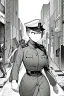 Placeholder: military girl runs down the street, greyscale