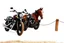 Placeholder: a motorcycle(harley davidson pan america 1250) next to a different motorcycle(Indian Springfield Dark Horse) next to a horse tied to a wood railing. white background. dirt ground. silkscreen image