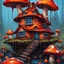 Placeholder: A weird mushroom house with drippy spots and eyeballs on a floating island. black blue red orange. Detailed gloss Painting, rich color, fantastical, intricate detail, splash screen, hyperdetailed, insane depth, concept art, 8k resolution, trendi
