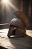 Placeholder: The Roman centurion's helmet lies on an old cracked wooden table. Next to it on the table is a cross on a string and a scroll of parchment. A ray of sunlight reflects off the helmet. All around is the entourage of ancient Rome. High quality image in 8K