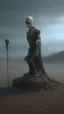 Placeholder: A big statue of a creature in the sand holding the scale of justice , a lot of spidrs,surrealism of the dark of a nightmare ten miles high and six foot deep, hyper photorealistic, hyper detailed dark art color, high resolution, fog, octane render, tilt shift, HDRI Environment, all pictures dark gray