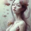 Placeholder: Realistic body, Asian woman, leaning pose, full body, intricate detail , watercolor illustration by <agnes cecile> nest, octopus, fly, squid,everywhere, plants, wildflower, doll, blood, scythe, dolly,