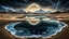 Placeholder: Abstract Landscape with surreal iced desert, mountains, iced water, reflections with shadows and lights. The scene features circles, lines and ovals, all enhanced by overlapping shadows and reflections, adding depth and dimension. The sky is dramatic, filled with swirling dark clouds , creating an intense atmosphere. In the scene old bones lying in sand in the right side. The color palette consists of rich, deep hues, watercolor and dark ink, like a dark dream