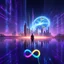 Placeholder: 3D infinity symbol ∞, infinity figure-of-eight symbol is totally-symmetrical and brightly coloured, man silhouette facing epic scene of building, glowing earth, water, network and lights, exotic, inspiring, fantasy, neon, friendly, beautiful, octane render, 8k post-production, artstation: award-winning: atmospheric: commanding: fantastical: clarity: 16k: ultra quality: striking: brilliance: liquid medium: stunning colors: amazing depth; lens: f/8, 28mm