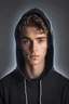 Placeholder: a portrait of programer teenagre boy with black hoody with 1 and 0 lights on him hoody