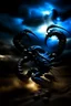 Placeholder: Black Scorpio emblem on a burning landscape background With its Tail curled up behind his back ready to strike and from claws grasping under a storming sky with blue lightening striking around it