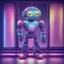 Placeholder: cute robot monster in a luxury store window with a rainbow aura glow and pulsating hypnotic eyes, facing the view directly. make it more realistic.