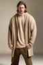 Placeholder: Man's large and long and beige knitted jumper opened on front in square shape