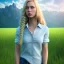 Placeholder: beautiful young blond Swiss girl standing in green field, mountain, sun, wearing blue shirt over, open arms, realistic eyes, blue eyes, unreal engine, photograph, realistic skin texture, photorealistic, hyper realism, highly detailed, 85mm portrait photography