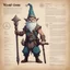 Placeholder: character concept sheet with AD&D statistics and characteristics, [vintage style noisy scratches glitches, Shot the texture and then rewound the film and double exposed the face] wizard gnome, shirtless, with a staff, focus on his best spell