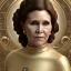 Placeholder: hyperspace background, complete and photo realistic detailed head to waist stunning photo realistic portrait of carrie fisher as Princess Leia in star wars with photo realistic updo hair by Mandy Jurgens and mucha and Richard Schmid and chuck close and chie yoshii, extraordinary and detailed ceremony dress of star wars,brown eyes