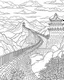 Placeholder: a coloring book, coloring page, depicting the great wall of china, with a scene of trees and a pool in front, monochrome, highly defined, white background, empty background, simple outlines