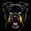 Placeholder: head of an angry scruffy black terrier on black background, yellow eyes, defined teeth, turned to the side, horror fantasy line illustration