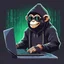 Placeholder: A grinning Monkey sitting in front of a laptop, hacking systems, wearing a hoodie and sunglasses. Matrix in background. Pixel Art. Profile Picture. Avatar. Pixel