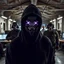 Placeholder: Anonymous man with glowing eyes wearing black hoodie in a photo in abandoned military station with a group of special forces in the background with other anonymous man in front of computers in background with bold military style pattern clothing captured in the middle of photo at night in a wide range photo