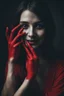 Placeholder: A photograph of a red hand with black eyes, covering part or all of her face and body while she smiles in an eerie way. The background is dark and the woman's expression adds to its mysterious allure. Her presence creates an atmosphere filled with unease and curiosity. --ar 29:44 --v 6. 0