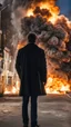 Placeholder: Man in a black jacket, back to the camera, looking down a street, watching an explosion of fire and lights in front of him.