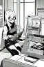 Placeholder: hacker girl with glasses use a laptop sitting in a cafe, line arts, greyscale