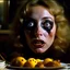Placeholder: Spooky, ultra realistic distress, dining, ultra realistic hot woman, nose, giant eye on a table, organic hot bondes, dynamic, anguish, excited and lively scene, hypermaximalist figures, Creepy the Ring Alfred Hitchcock, Sam Raimi, insanely detailed, sinister, John Carpenter, Dario Argento, ornate