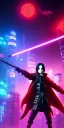 Placeholder: Itachi Uchiha (Naruto), with cyber glowing swords, cyberpunk, full body, realistic, intricately detailed, neon lighting, vivid colors, neon, 64k