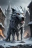 Placeholder: frost hellhound with five heads in ruins of medival town