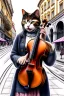 Placeholder: One single female cat playing violin on the street, Vienna, colours, smiling, model style, perfect iris, perfect violin, hyper realistic, extremely accurate, delicate, extremely detailed, Graphic novel style, wide-angle, open aperture, superfine pencil