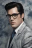 Placeholder: Elvis Presley as Clark Kent, 4k UHD, photorealistic, ((big, full, plump, pouty lips:1.5)) black hair, big cat-eye eyeglasses, dark blue foggy gradated marble wall background, extremely detailed skin texture,