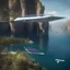 Placeholder: Transparent pedestrian bridge between two cliffs. It has solar panels installed. Below the bridge, autonomous underwater drones with sleek hulls and a solar panel on top retrieve trash from the lake. The drones have a hydrodynamic shape, are equipped with a robotic arm and camera to store plastic waste. The design is modern and innovative and reflects futuristic technologies for environmental protection.