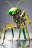 Placeholder: A robotic praying mantis, made of a shiny Kelly green metal with bolts in the joints and yellow laser eyes