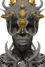 Placeholder: black male African alien, cracks in the voodoo head, wicked, diamond eyes, crown, blood, 8k, finely detailed, photo realistic, leopard style turquoise skull head gold dragon space alien rain skeleton gold teeth silver crown silver space suit spaceships