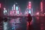 Placeholder: 3D, beautiful, light reflecting, empty city at night, rainy night, neon, cyberpunk, person with helmet walking