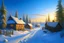 Placeholder: photorealism, blue sky, dawn, snowy, sunny rays, beautiful sunny morning, very beautiful big Russian village, beautiful small wooden logs, various carved beautiful houses of different colors, fluffy trees, long snow-covered path, fluffy snow, yellow-blue shadows, professional photo, pastel colors, high resolution, high detail, ISO 100, realistic, beautiful, aesthetically pleasing, soft lighting, dim lighting, bright lighting, Thomas Kinkade