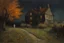 Placeholder: few flowers, distant old house, night, autumn, one person, dark horror gothic movies influence, disturbing, bernard van beek and alfred munnings impressionism paintings