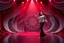 Placeholder: modern stage with gray-dark red theme artistic decoration , color full dynamic lighting, a beautiful lady in pants and blouse with shining silver jewels dancing, 3D recursive fractal structure animating background