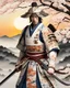 Placeholder: Fascinating portrait of male samurai in exquisite ukiyo-e porcelain armor, adorned with delicate floral motifs, harmonious combination of soft whites and earthy tones, powerful pose, with samurai helmet, imposing presence accentuated by the grip of a magnificent white porcelain katana . Ukiyo-e inspired landscape, golden sunset and Sakura trees create a captivating cinematic atmosphere. Full body