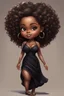 Placeholder: create a digital oil painting image of a chibi curvy black female wearing a black maxi dress and black sandals. Prominent make up with brown eyes. Highly detailed wild tight curly afro.