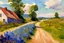 Placeholder: Sunny day, clouds, dirt road, flowers, mountains, big rocks, trees, sci-fi, winslow homer watercolor paintings