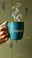 Placeholder: Bosch style painting , 3D hand holding a coffee mug written on it “ Samarrai “
