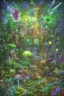 Placeholder: psychadelic garden, during a gentle rain, with large venus-flytrap in the center