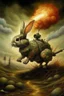 Placeholder: military bunny dragon breath fire like a rocket going in for landing, prize winning oil painting