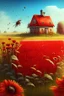 Placeholder: field, farm, scarecrow, plants, red flowers, grass, sky, bees, honey, bee houses, trees, fountain, flowers, brown board