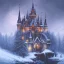 Placeholder: Portrait of a wide dark castle on a snowy mountain, oil painting, symmetrical, architecture, medieval, fantasy, superrealistic, dark colors, HD, 4K