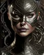 Placeholder: Young faced woman catwoman portrait adorned with leather r ivory filigree caved catwoman masque with metallic filigree catwoman ribbed mineral stone ornated ivory masque and ivory caved and leather and mineral stone ribbed cat woman dress organic bio spinal ribbed detail of voidcore decadent gothica background extremely detailed hyperrealistic maximálist concept portrait art