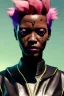 Placeholder: Medium Close Up Portrait, Front image. cyberpunk, rabbit eyes-mask, Afro woman, pink hair. Leather tracksuit. Red, black, gold, color. Punk style. Color background, photo studio. Avatar image, highly detailed, concept art, smooth, unreal engine 5, god rays, ray tracing, RTX, lumen lighting, ultra detail, volumetric lighting, 3d, finely drawn, high definition, high resolution.