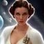 Placeholder: model shoot style, digital art zoomed out portrait of (Princess Leia) ((dressed in white and off white gown)), surrounded by 100 planets, ultra-detailed, ultra quality, illustration, eerie atmosphere, 8k, cinematic lighting