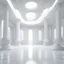 Placeholder: futuristic white room with loads of large beams and columns with embellishments and details surrounding the empty room. the flooring is flat but has organic shaped details. the lighting is bright white and the atmosphere is sci-fi