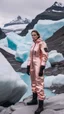 Placeholder: Fashion film in the icefields of Patagonia, a stunning supermodel in an incomplete Astronaut pink bronze suit discover the icefields and giant iceblocks and icebergs using stunning poses we can see her face through the glass . Supreme landscape, inticate background and a minimalist composition that creates a great megalophobia effect. Old lens, old Kodak vision filmstock, 1600 iso.inspired by Ren Hang, design milk,, wanderers traveling from afar, trending on artisation, cloning spell, coat pleat